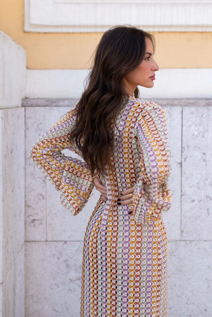 Pilar Chic Boho V Neck Bell Sleeve Maxi Dress, Wavy Striped Crochet Beach Holiday Dress Evening Wear Edit