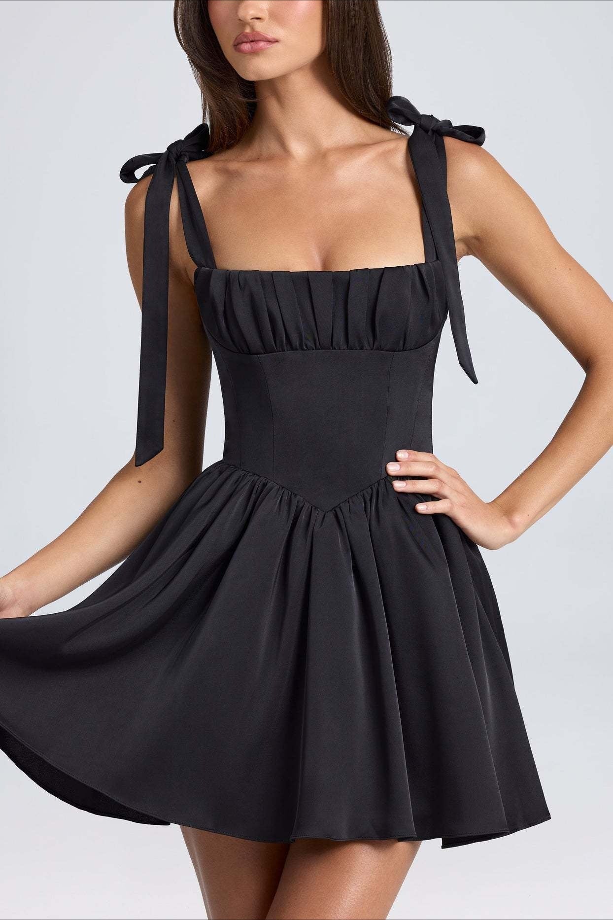 Neck Square Bow Tie Mini Dress