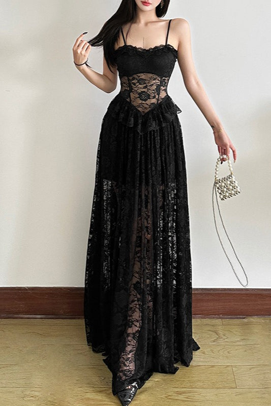 Sleeveless Edition Ruffled Waist Maxi Lace Dress