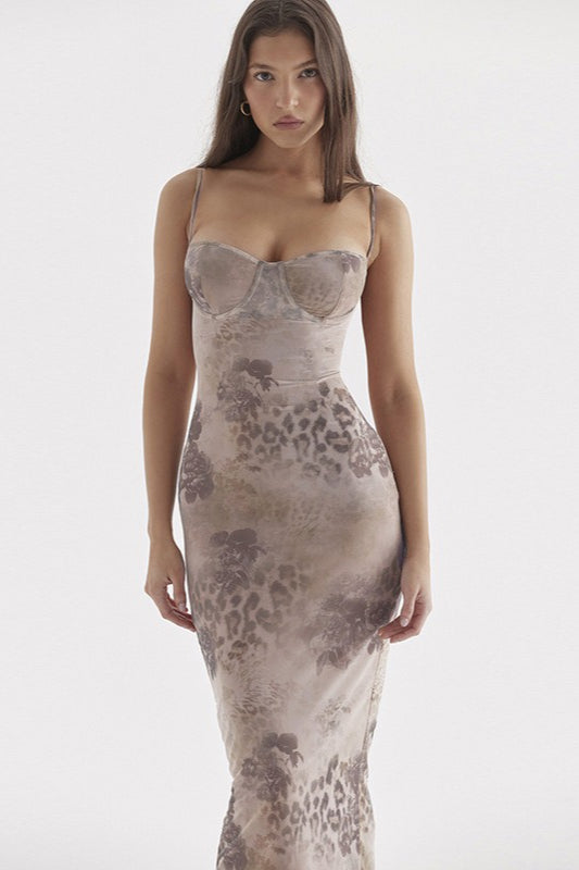 Flower V Neck Cami Bodycon Midi Dress
