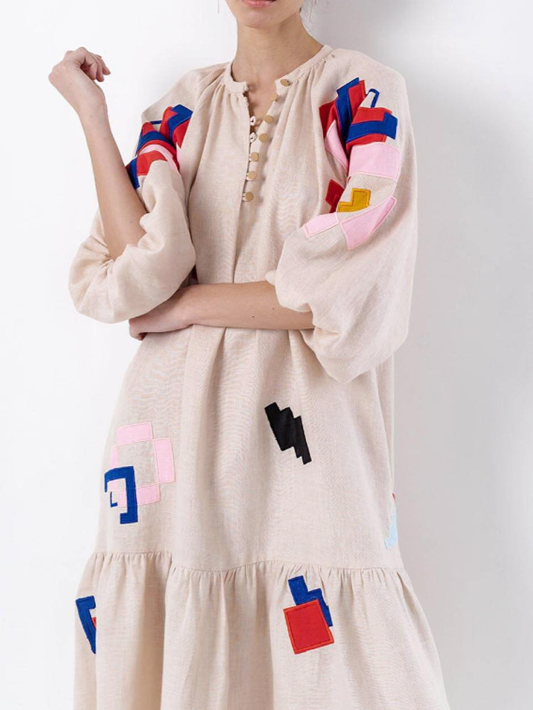 Loose Fit Printed Lantern Sleeve Relaxed Dress