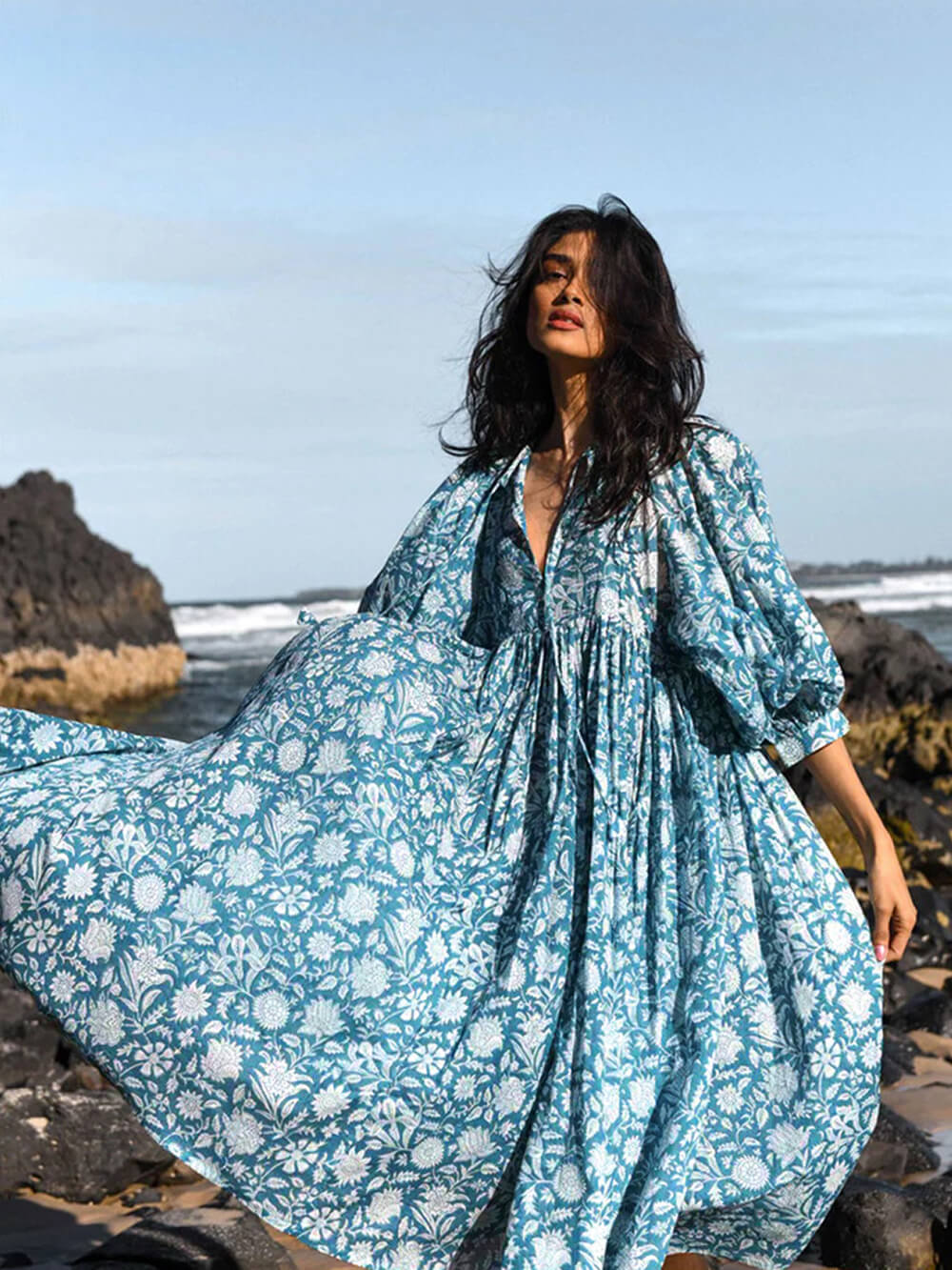 Flower Balloon Sleeve Midi Dress