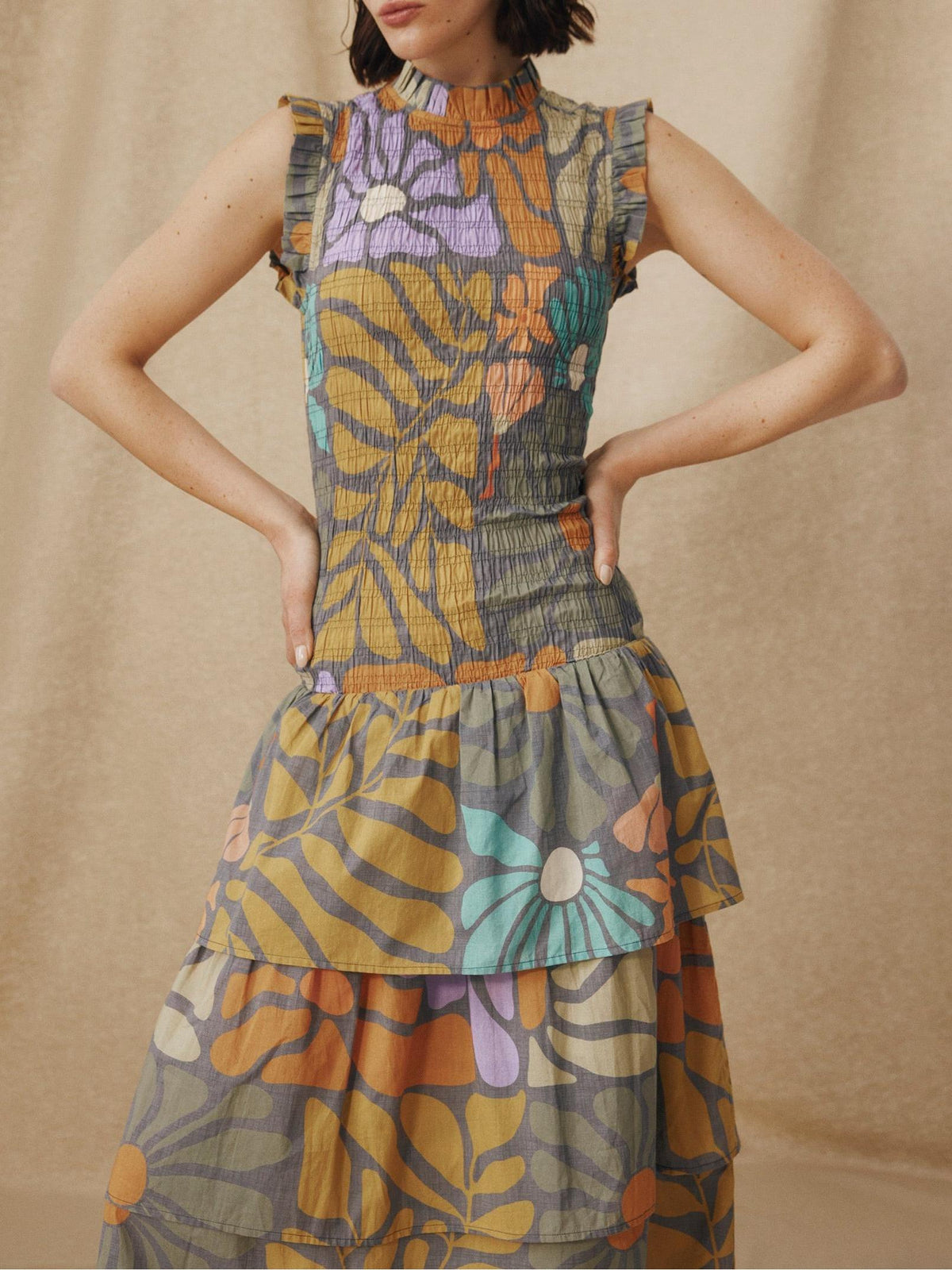 Botanical Multicolor Print Midi Dress