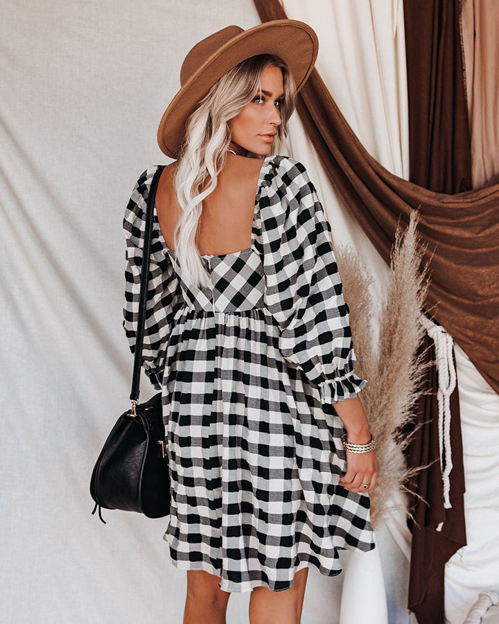 Plaid Brownstone Adjustable Balloon Sleeve Dress FINAL