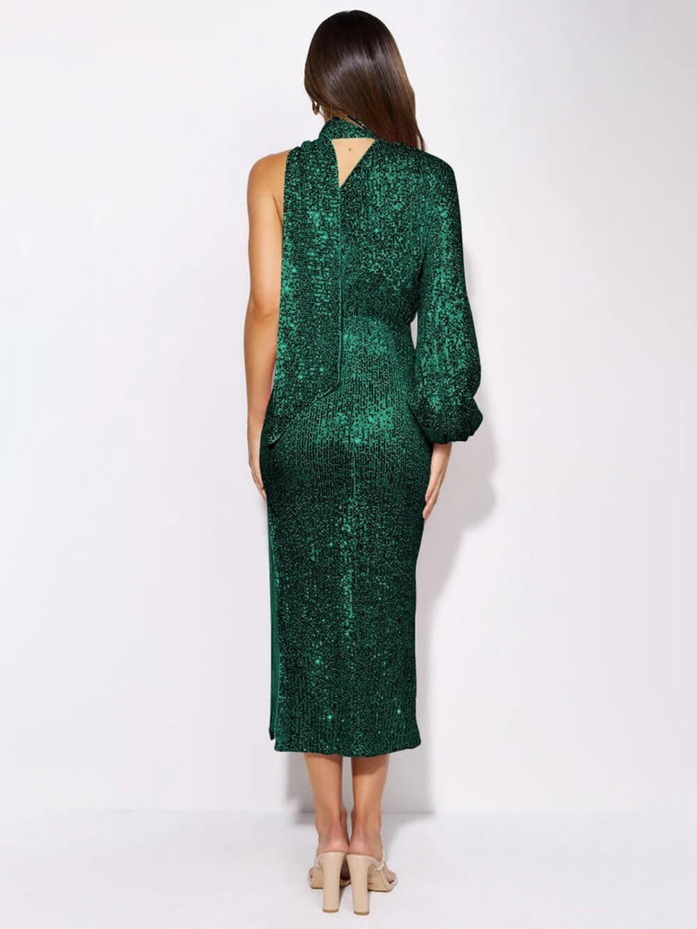 Halterneck Sequins Asymmetry Midi Dress