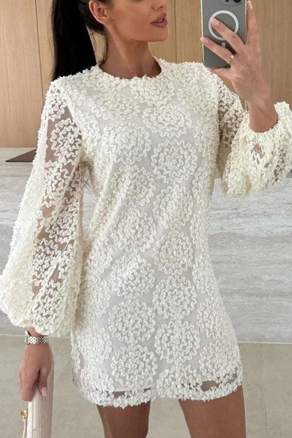 Aesthetic Kimberly Loose Mini Dress with Balloon Sleeves Made From Lace Textured Fabric Elevated Occasion Wear