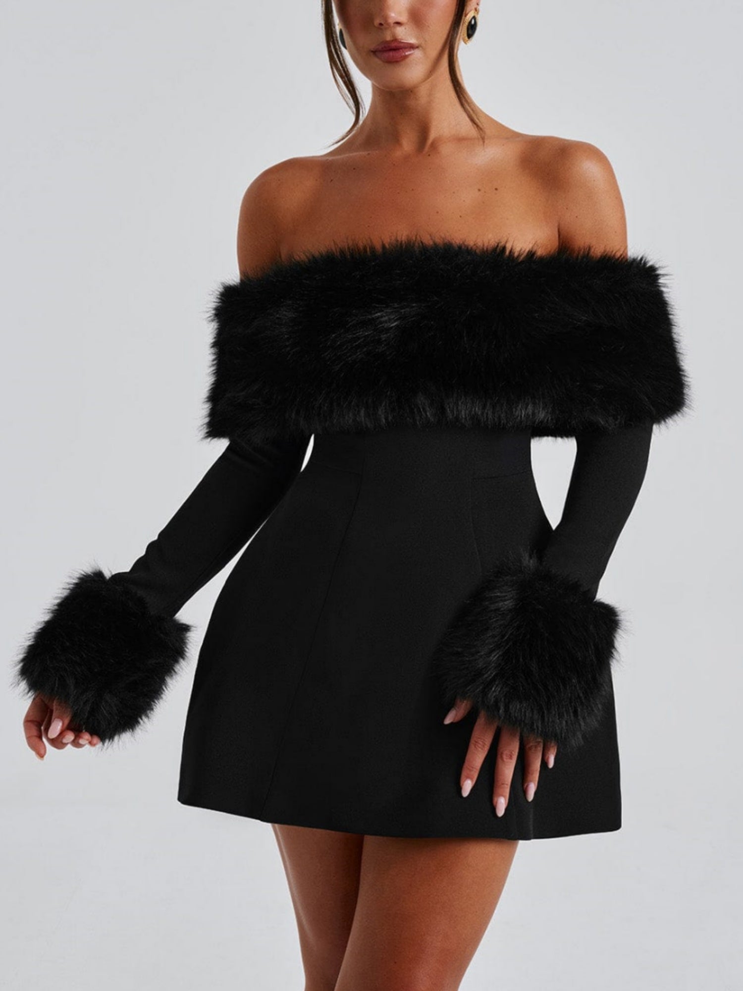 Off Rory Shoulder Fur Sleeve Mini Dress
