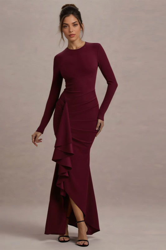 Ruffled Extended Sleeve Bodycon Maxi Dress
