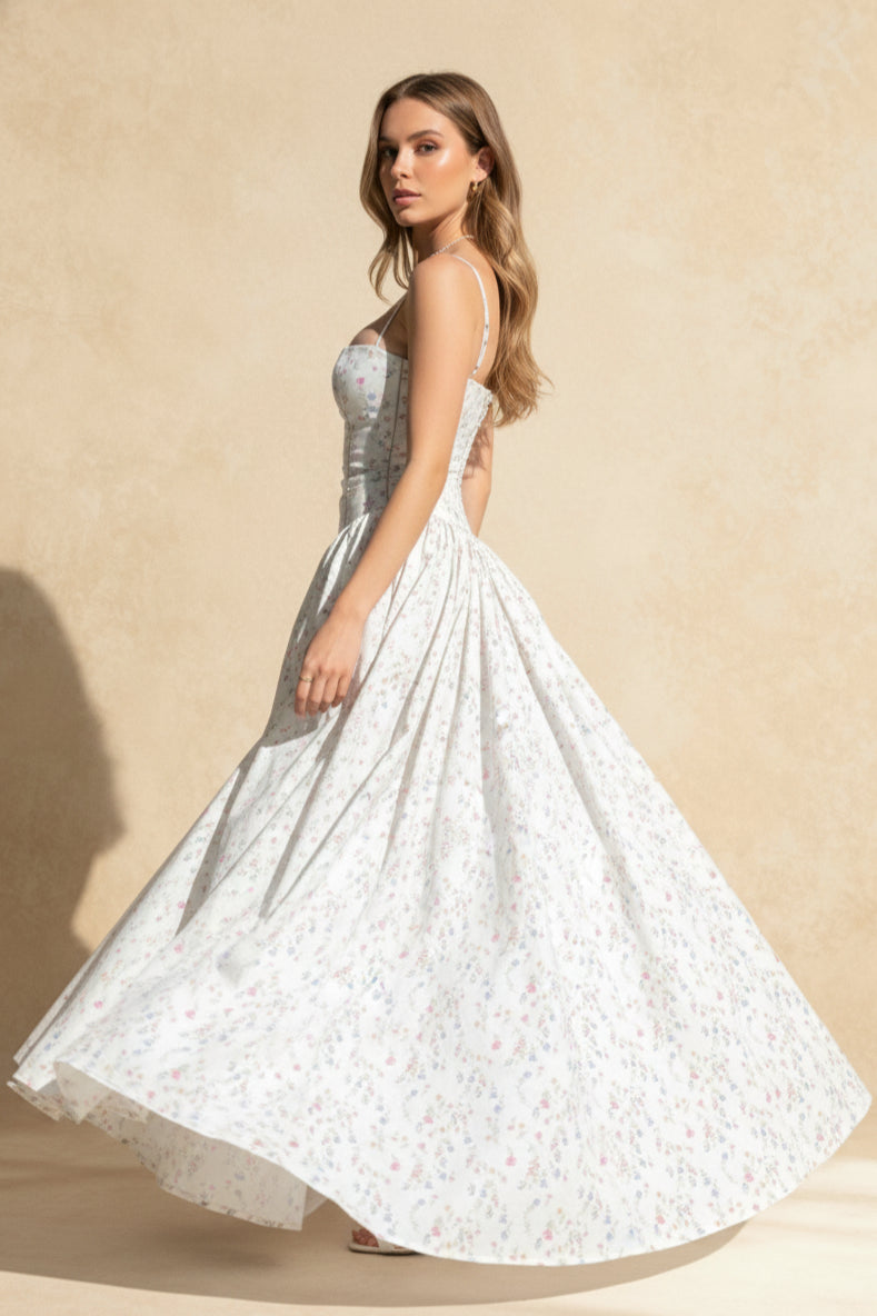 Chiffon Pleated Bloom Off Shoulder Maxi Dress