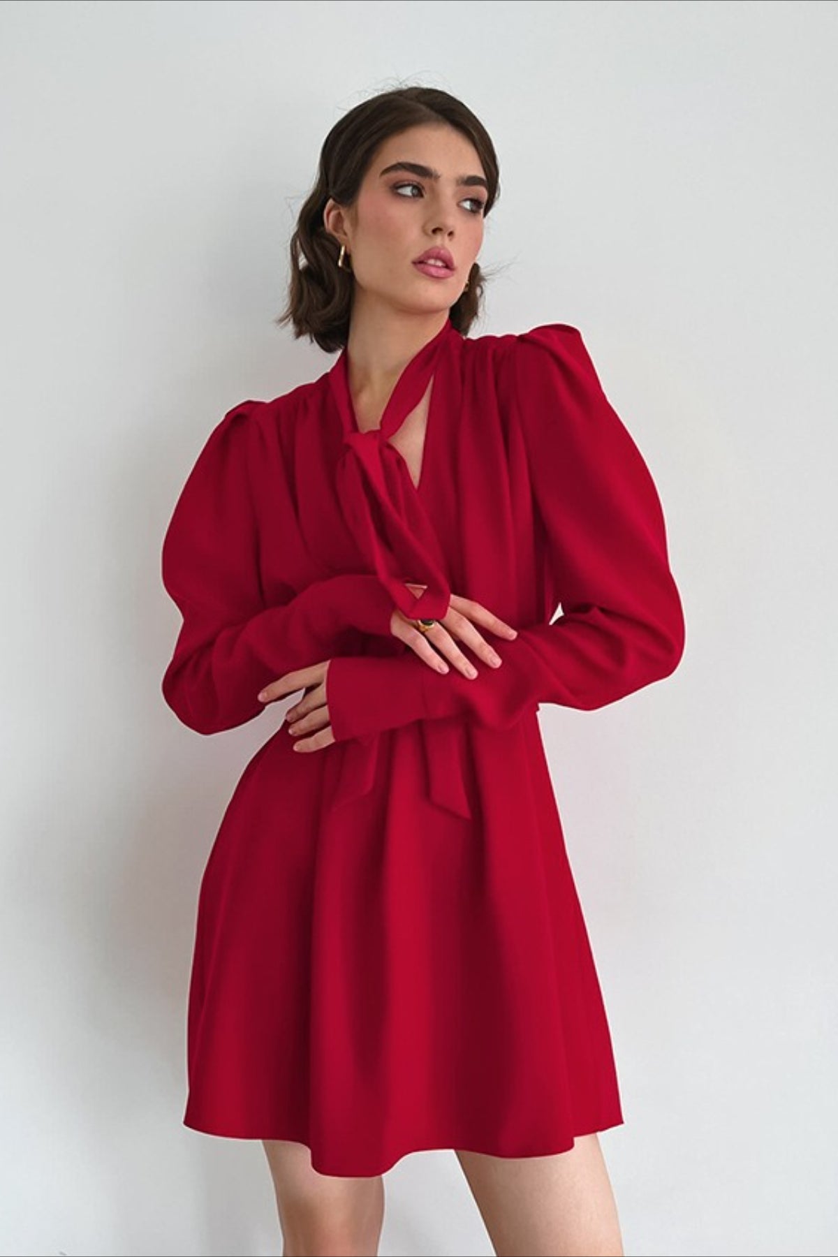 V Black Neck Puff Sleeve Mini Dress