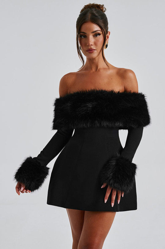 Fur Faux Collar Off Shoulder Bodycon Dress