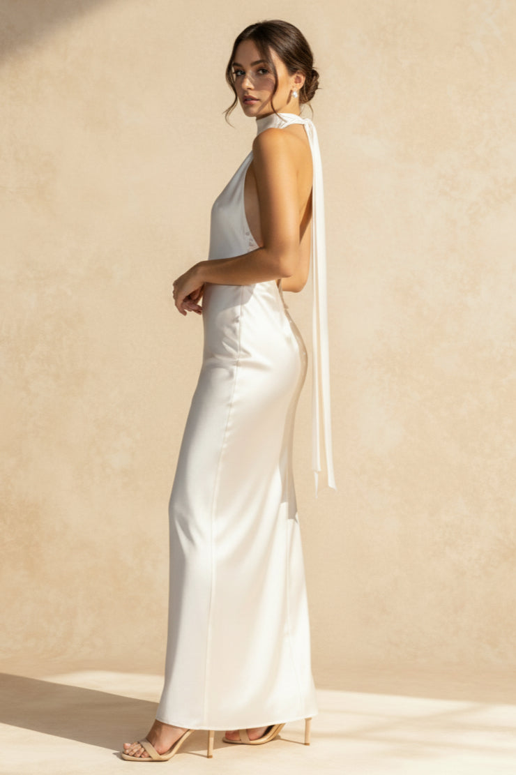 Retro Solid Satin Backless Maxi Dress