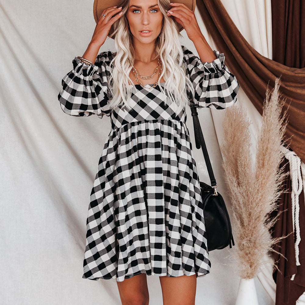 Plaid Brownstone Adjustable Balloon Sleeve Dress FINAL