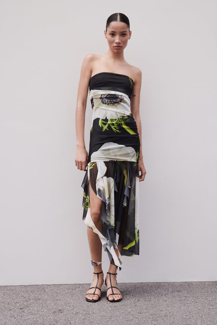 Gardenia Flower Mesh Pleat Tube Midi Dress
