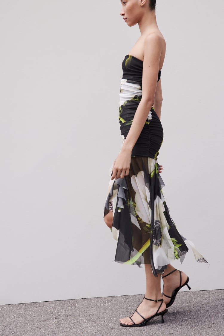 Gardenia Flower Mesh Pleat Tube Midi Dress