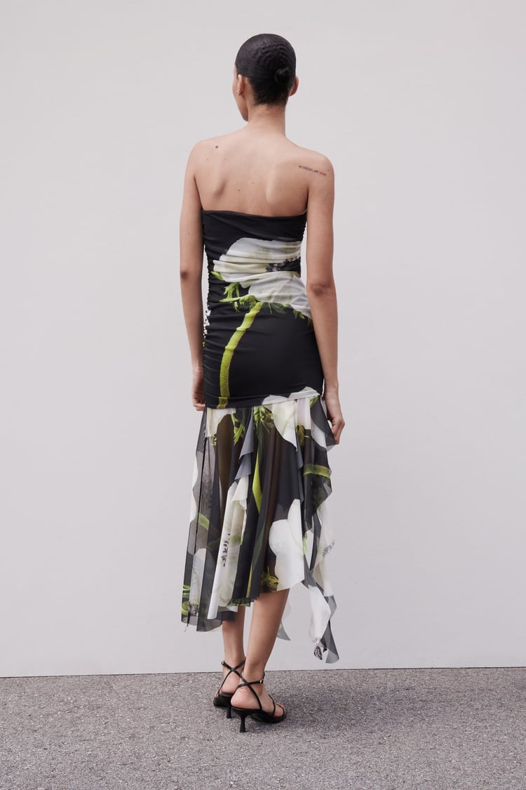 Gardenia Flower Mesh Pleat Tube Midi Dress