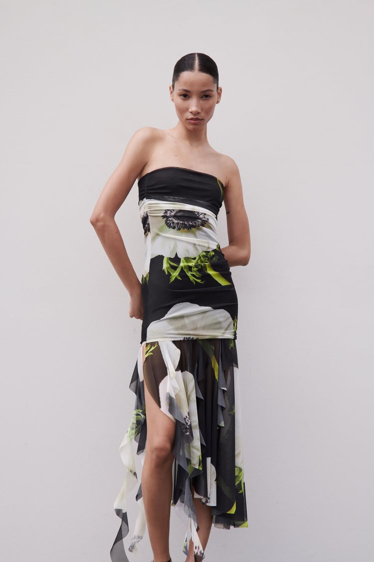 Gardenia Flower Mesh Pleat Tube Midi Dress