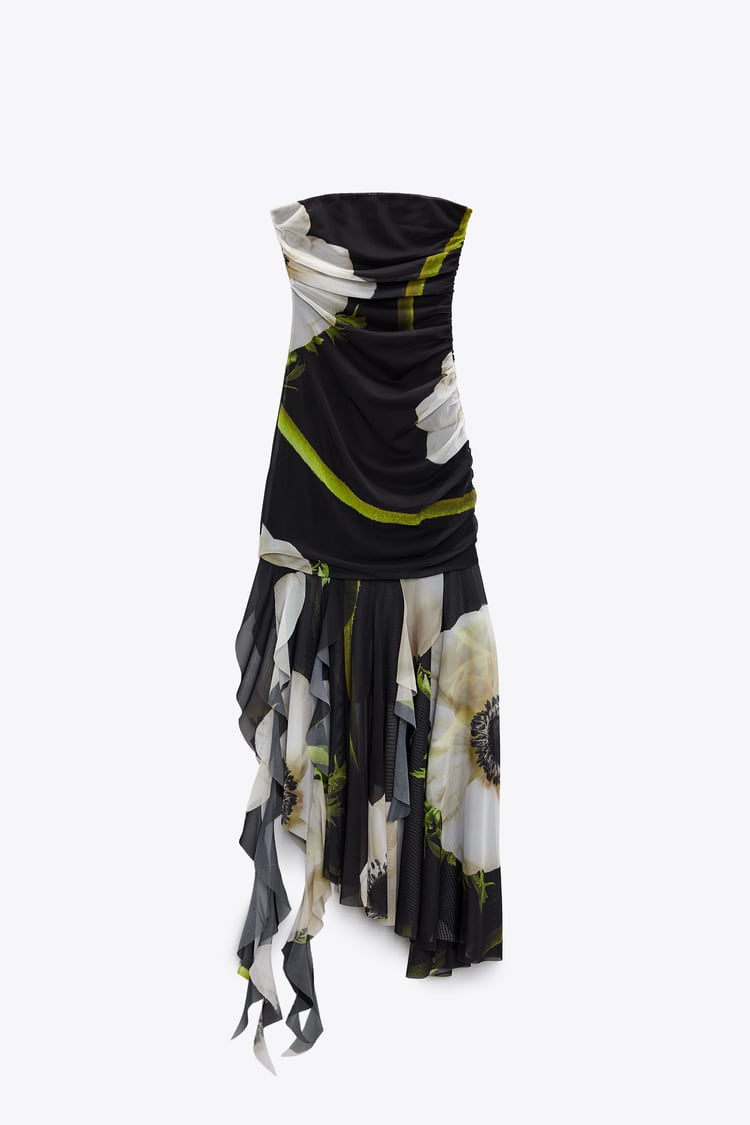 Gardenia Flower Mesh Pleat Tube Midi Dress