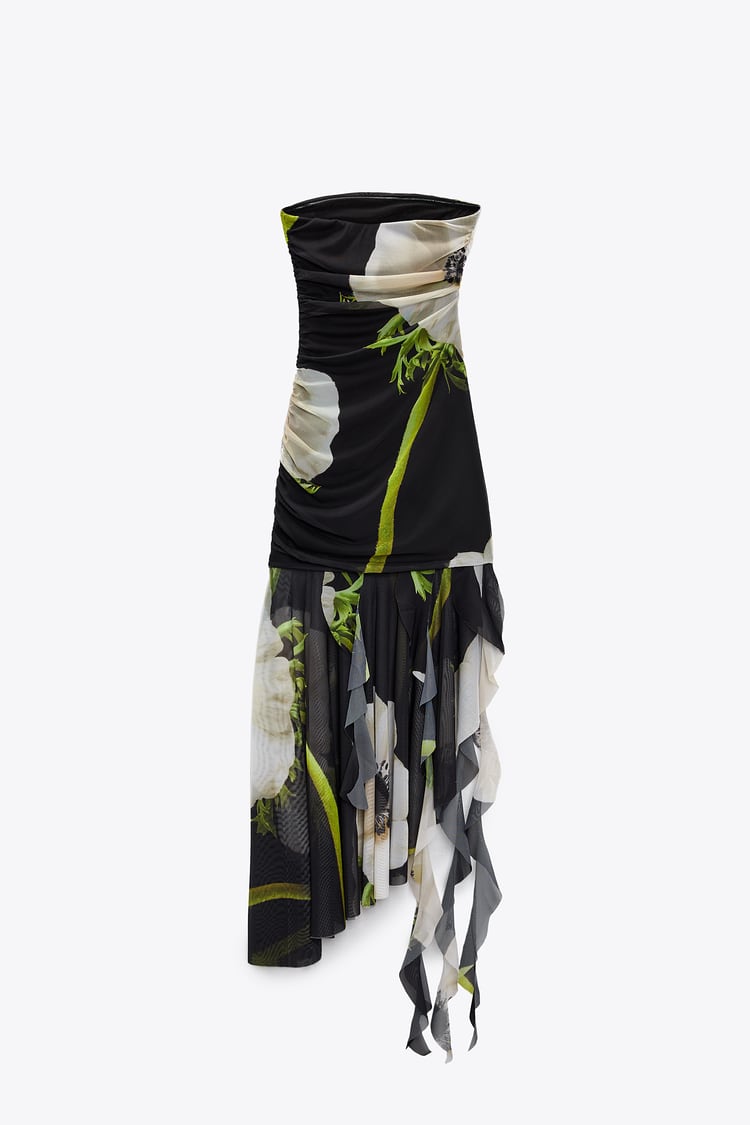 Gardenia Flower Mesh Pleat Tube Midi Dress