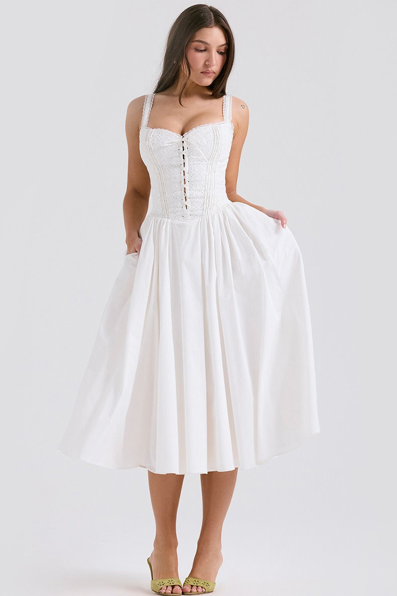 Lace White Spaghetti Strap Midi Dress