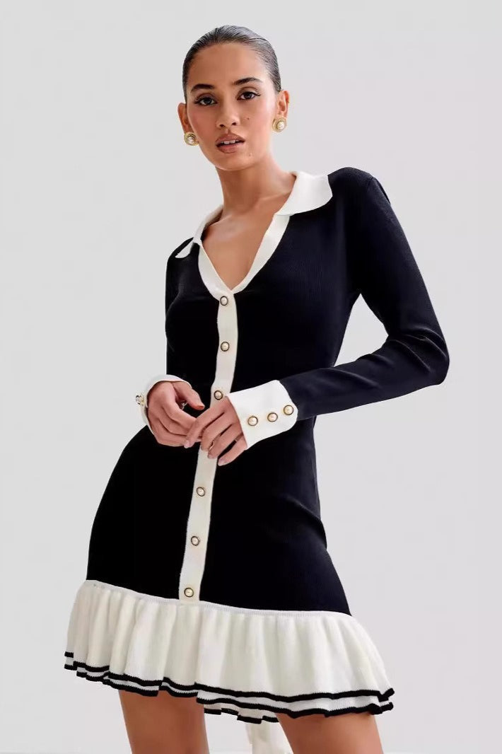 Tie Bow Ruffled Knit Pearl Midi Dress