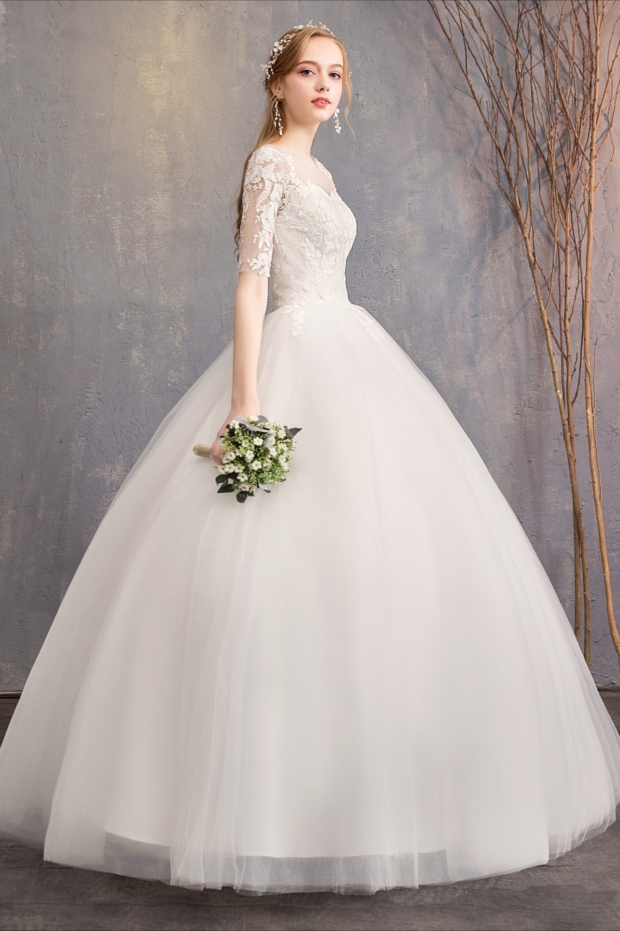 Lace Three Quarter Sleeved Wedding Dress