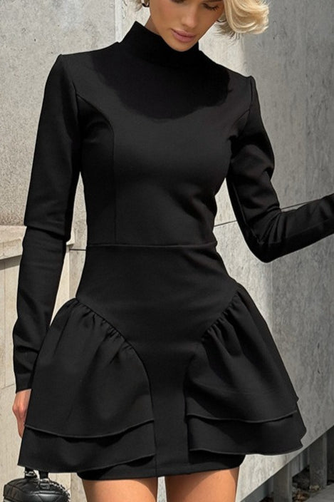 High Black Neck Ruffle Mini Dress