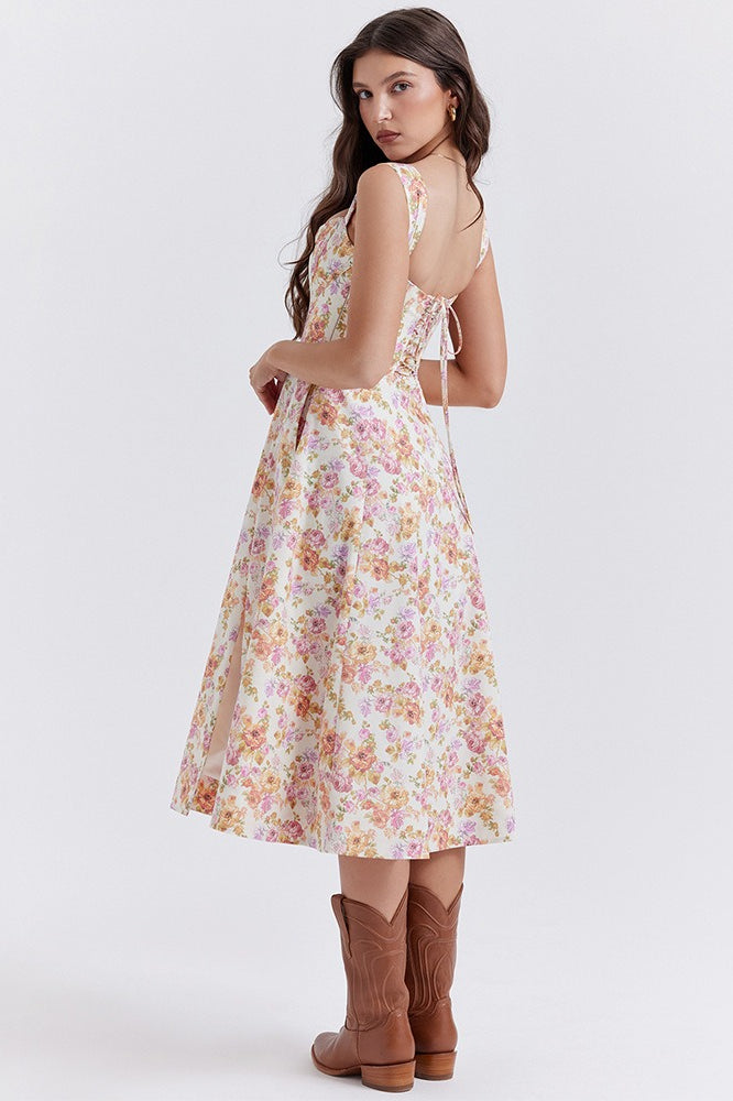 Spaghetti Strap Botanical Ruched Midi Dress