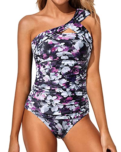 Women's Stylish 2 Piece Tankini One Shoulder Top & Shorts-Purple soft fit