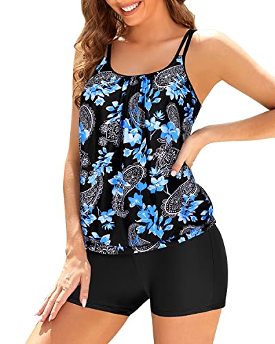 Women Two Piece Tankini Swimsuits Blouson Modest Swim Top-Black soft mood