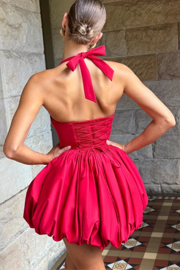 Refined Halter Tie Bow Puffy Hem Mini Dress