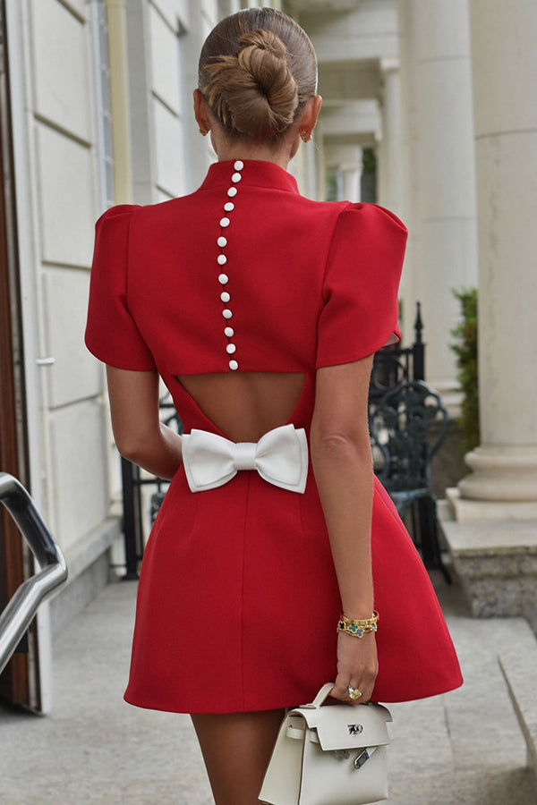 Chic Charlie Short Sleeve, Backless Mini Dress with Slit and Detachable Satin Bow Statement Occasion Edit