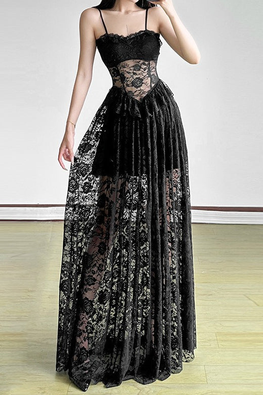 Sleeveless Edition Ruffled Waist Maxi Lace Dress