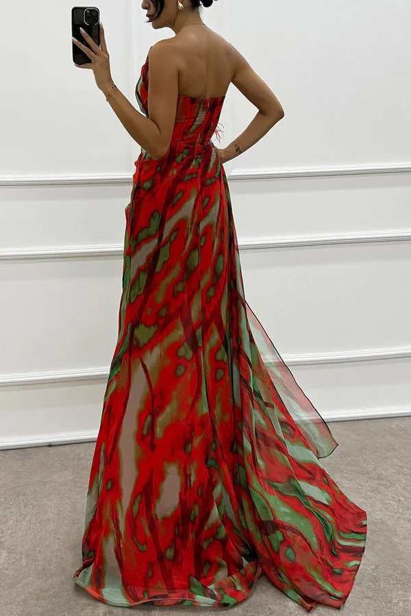 Renee Exclusive Amazing Views Off Shoulder Pleated Slit Maxi Dress with Feather Rose Detail in Watercolor Print Chic Silhouette Collection