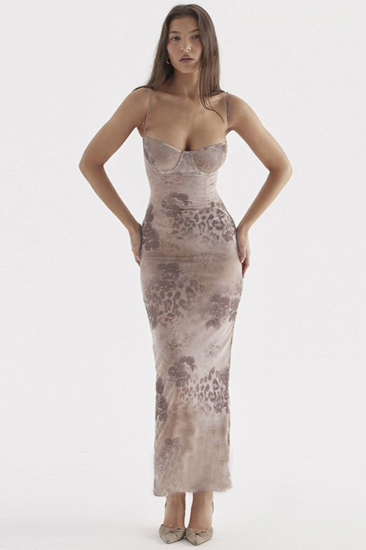 Flower V Neck Cami Bodycon Midi Dress