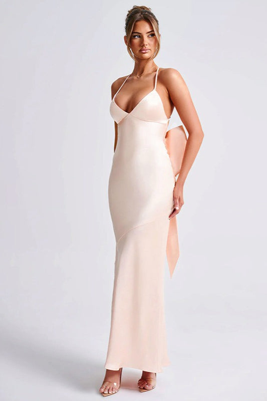Satin Edition Maxi Dress with Bow Detail Silk Dress