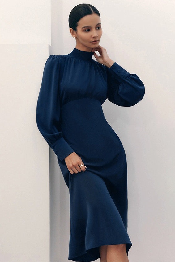 Neck High Long Sleeve A Line Midi Dress