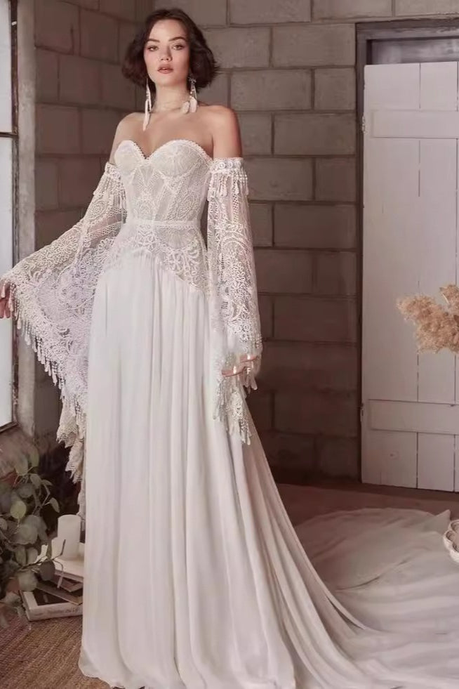 Strapless Lace Extended Sleeve Wedding Dress