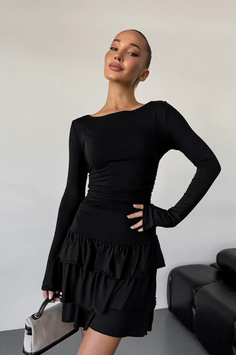 Waist Ruffle Round Neck Mini Dress