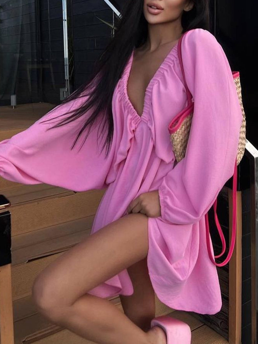 Plunge Woven Skater Mini Dress