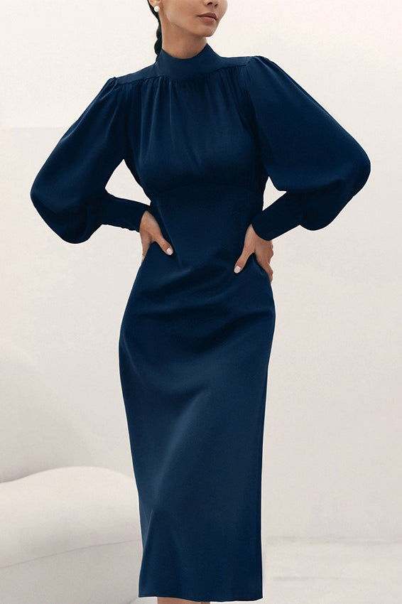 Neck High Long Sleeve A Line Midi Dress