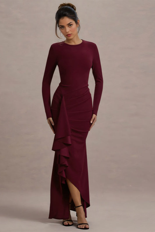 Ruffled Extended Sleeve Bodycon Maxi Dress