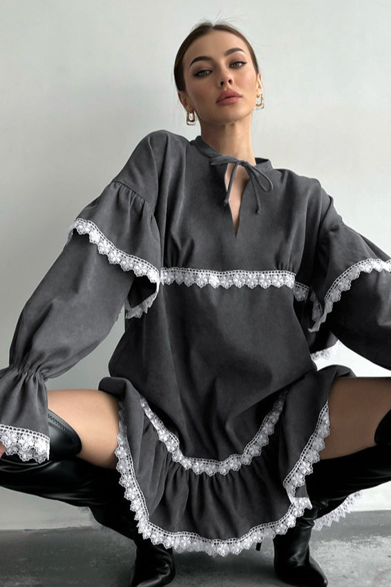 Ruffle Lace Tie V Neck Mini Dress