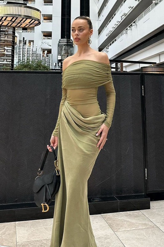 Off Shoulder Sheer Tulle Mesh Slim Fit Graceful Prom Dress