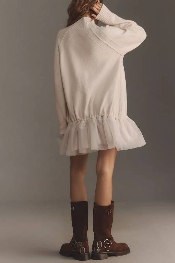 Minimalist Jean Holiday Cutie Knit Long Sleeve Twofer Turtleneck Tulle Mini Dress Premium Wardrobe Essential