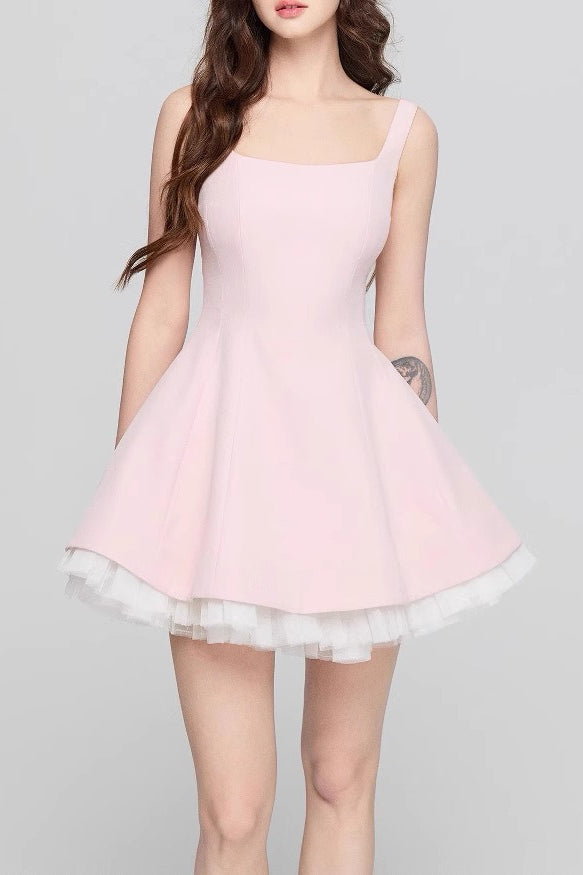 Neck Square Mesh Panel Mini Dress