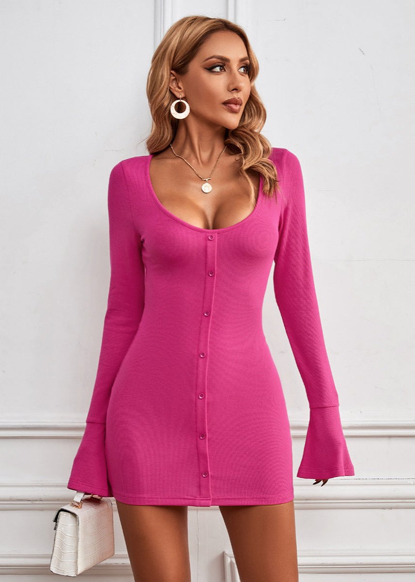 Button U-Neck Bodycon Mini Dress