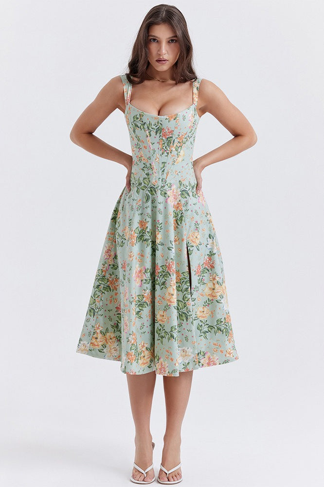 Spaghetti Strap Botanical Ruched Midi Dress
