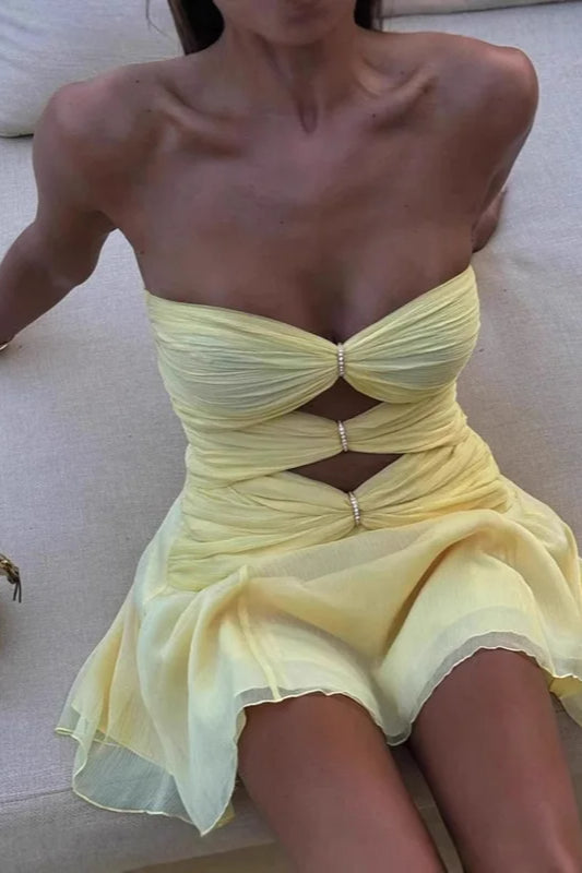 Pleat Solid Strapless Mini Dress