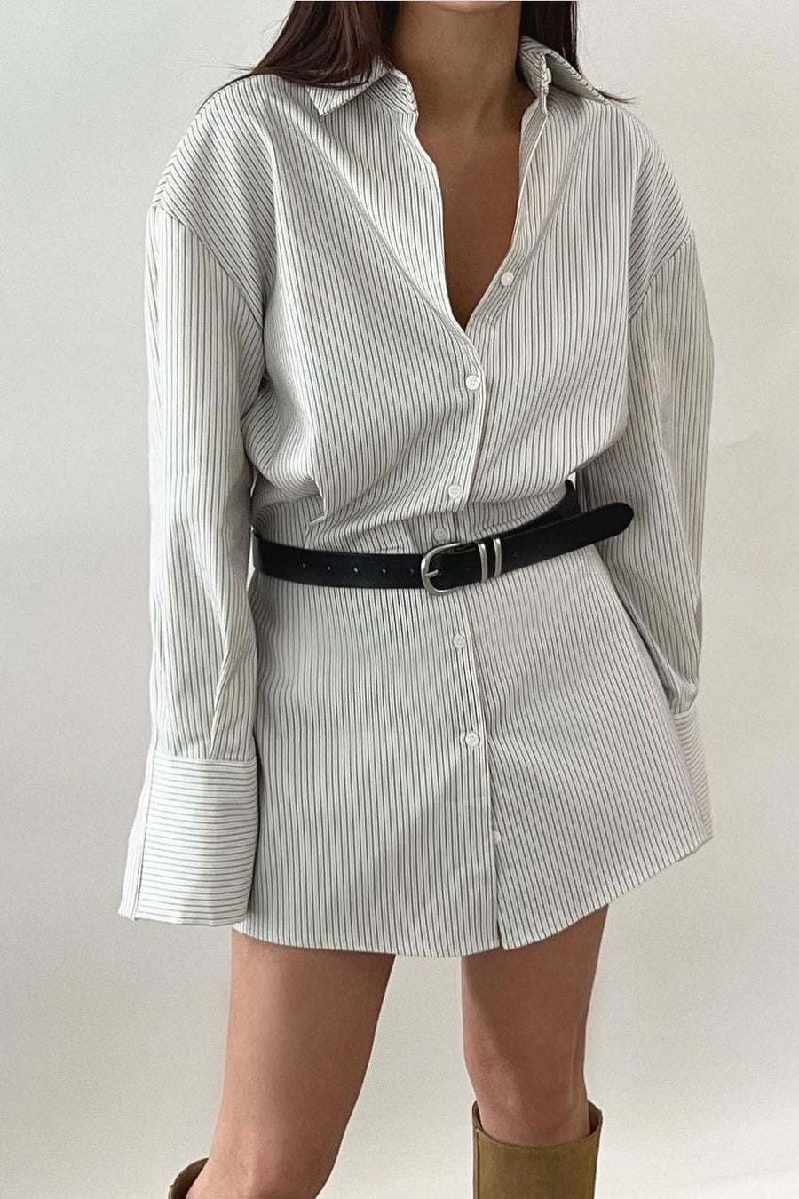 Collared Striped Waist Shirt Mini Dress